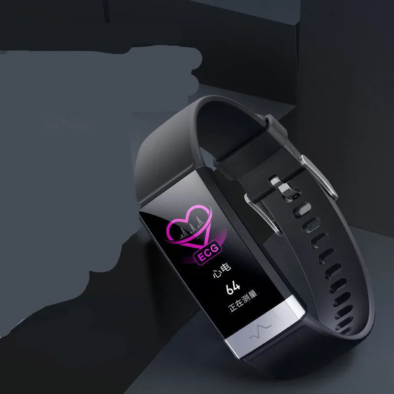 V19 smart fitness tracker bracelet with colour screen on a wrist, showing health metrics.