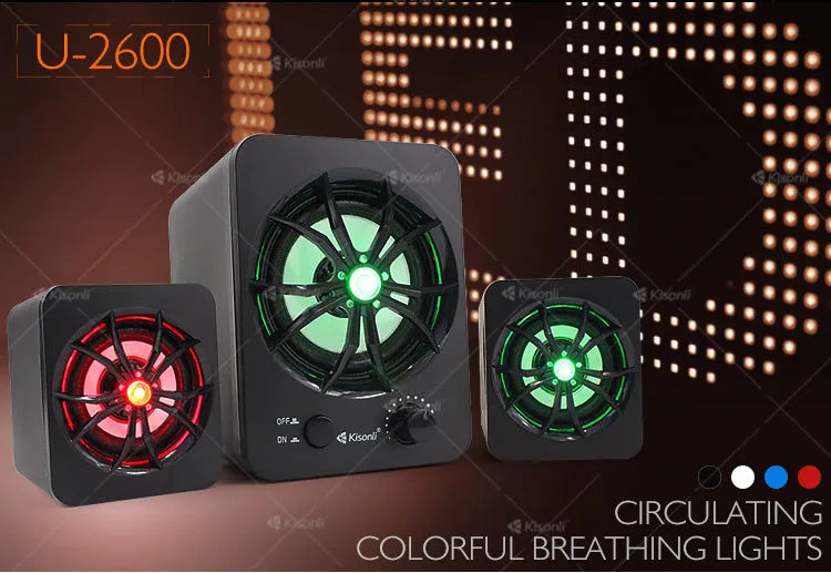 Green 2.1 USB computer speaker with colourful LED lights showing USB and 3.5mm jack ports.