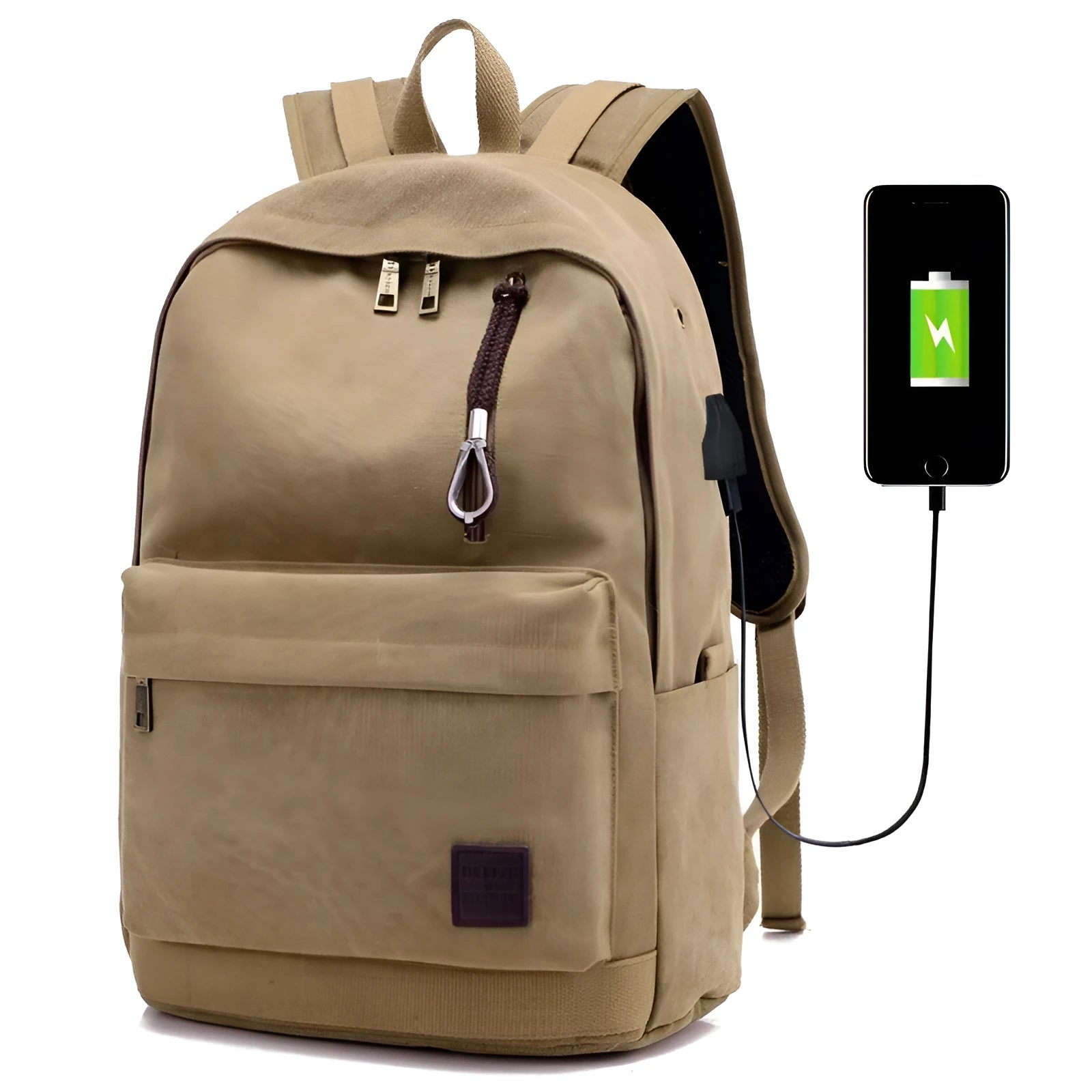 Canvas USB rechargeable backpack in khaki colour showing laptop pocket and shoulder straps