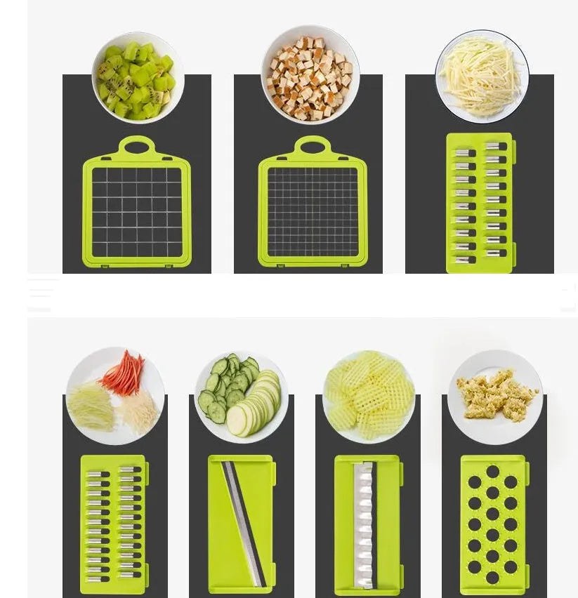 Multi-blade vegetable cutter with wheat straw body and seven stainless steel blades for slicing and dicing on a kitchen counter.