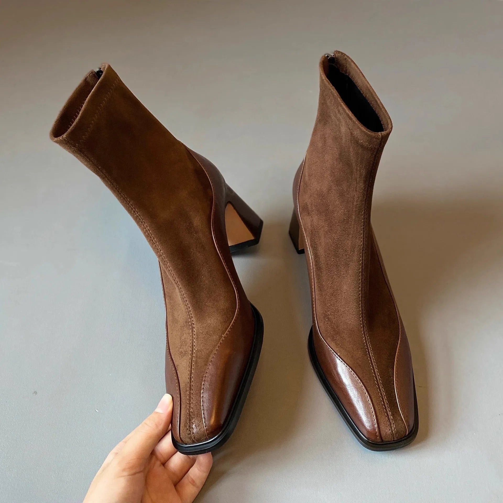 Retro chunky heel suede short boots for women, square toe, back zipper, in black and brown