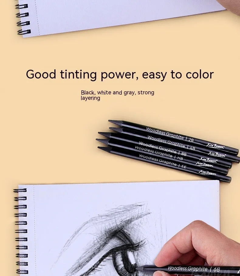 Set of six graphite sketching pencils with grades labelled HB, 2B, 4B, 6B, 8B, and EE.