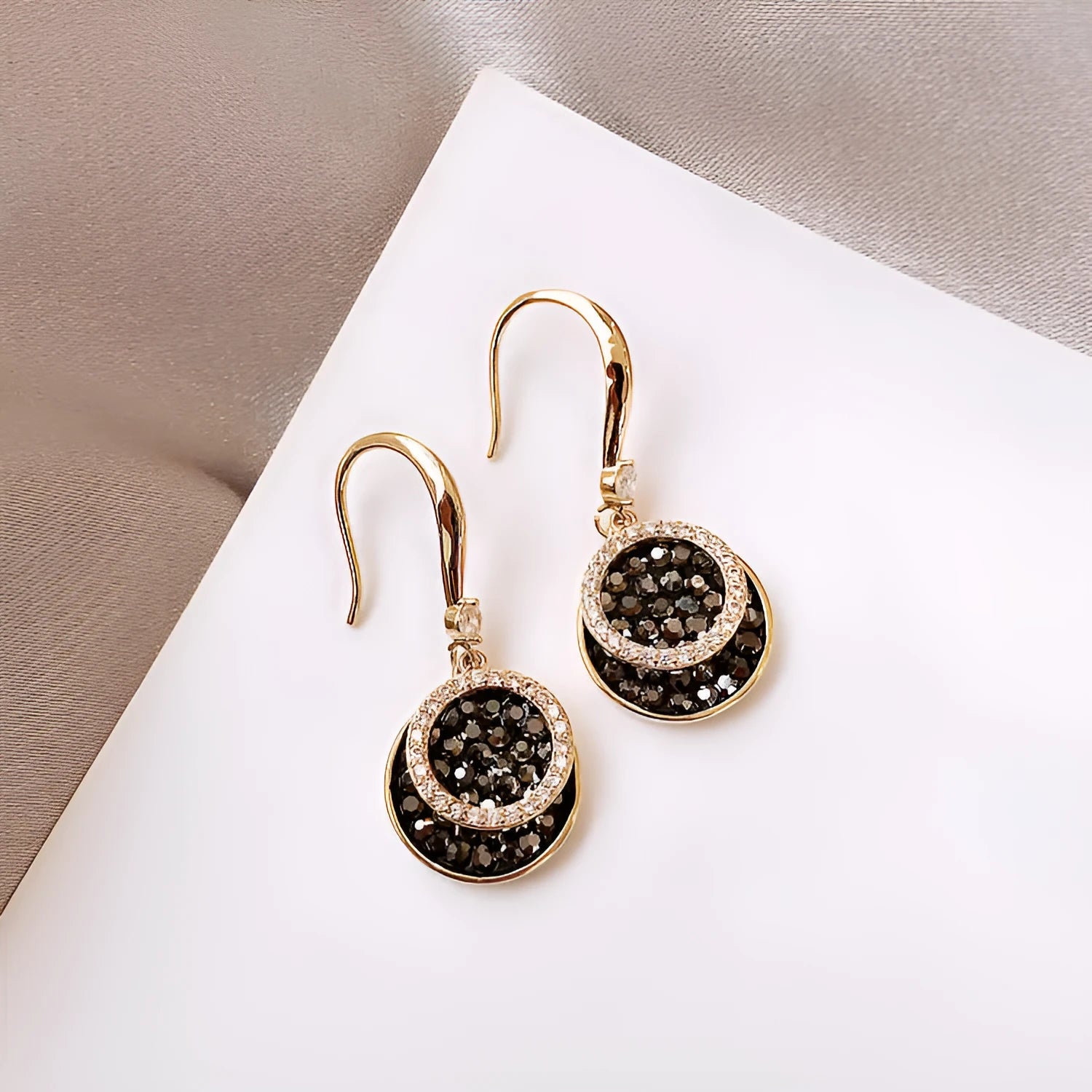 Black geometric round alloy earrings with 3.6cm length and retro Hong Kong style design