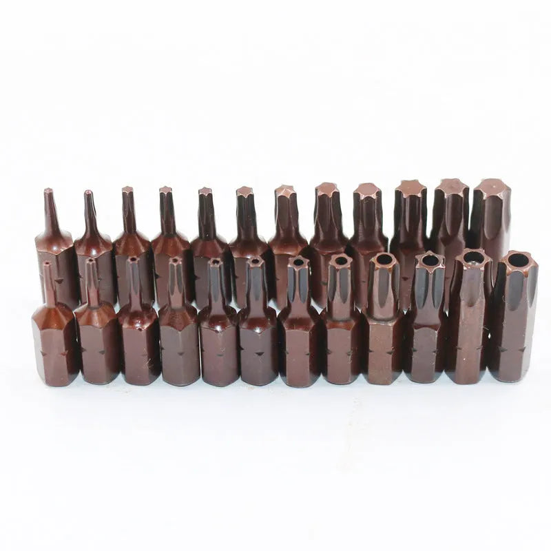 Black magnetic screwdriver bit set showing T6 to T40 sizes with hollow and solid hexagon shanks