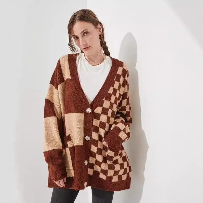 Loose fit printed checks cardigan knitwear in wine red colour with regular sleeves