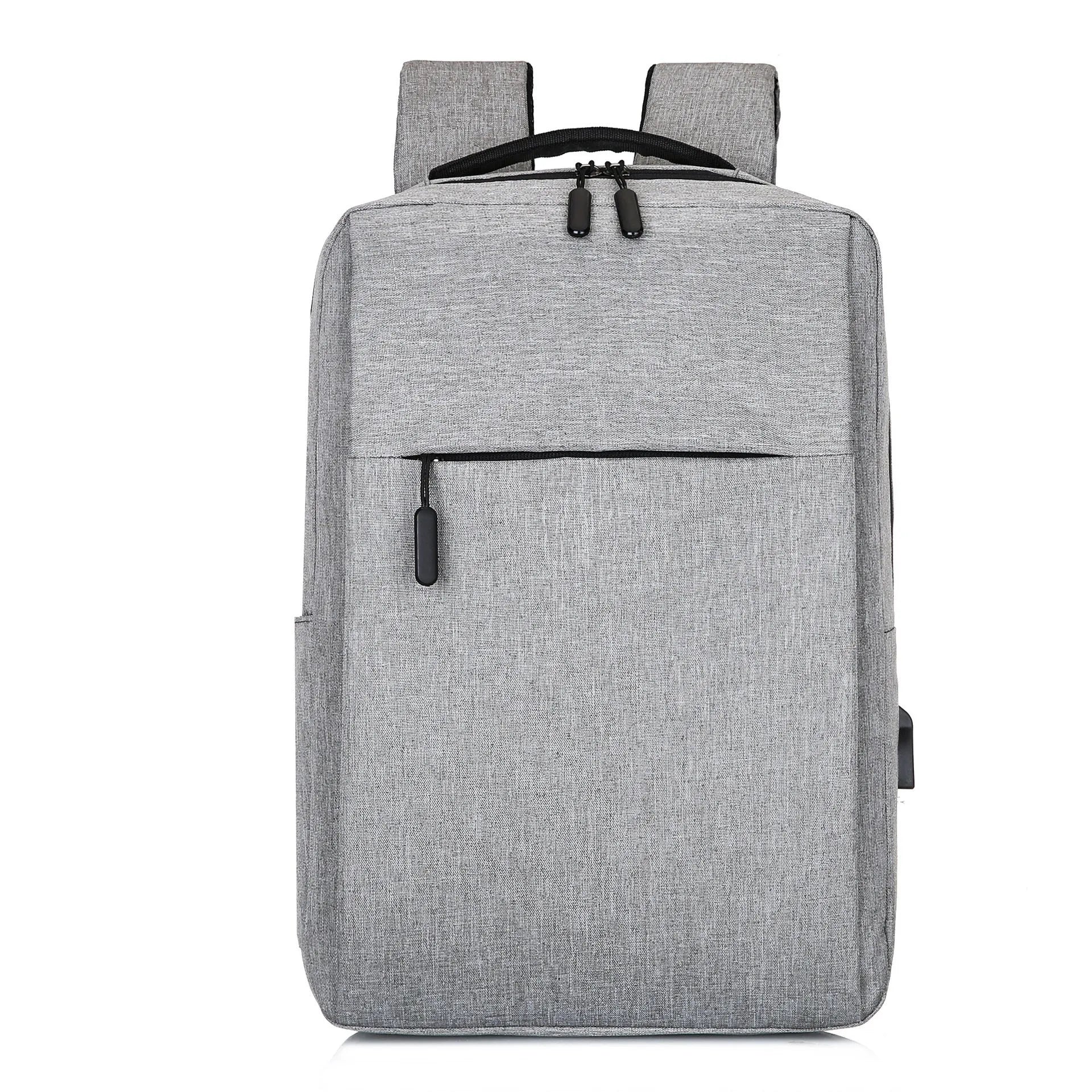 Large black sports backpack with USB charging port showing multiple compartments and curved shoulder straps