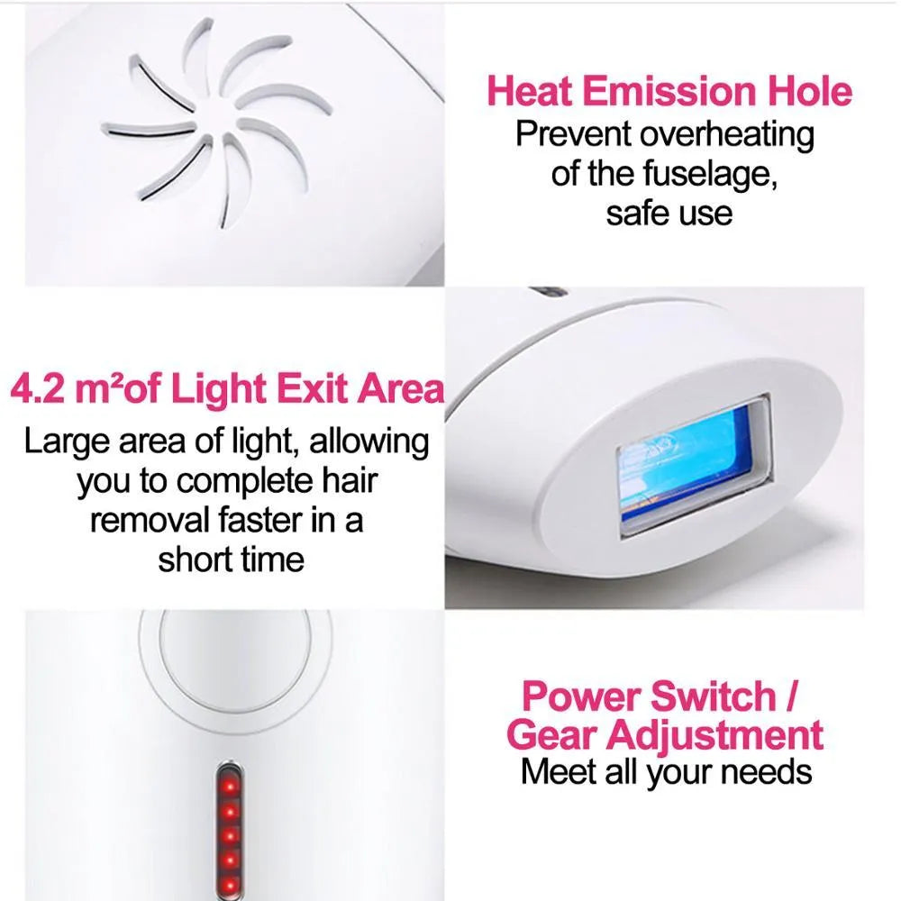 White home laser hair removal instrument with display, shown next to its power adapter and box.