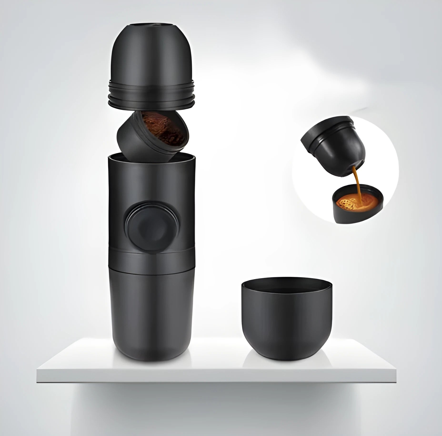 Black portable manual coffee machine with compact 6x17.5cm dimensions