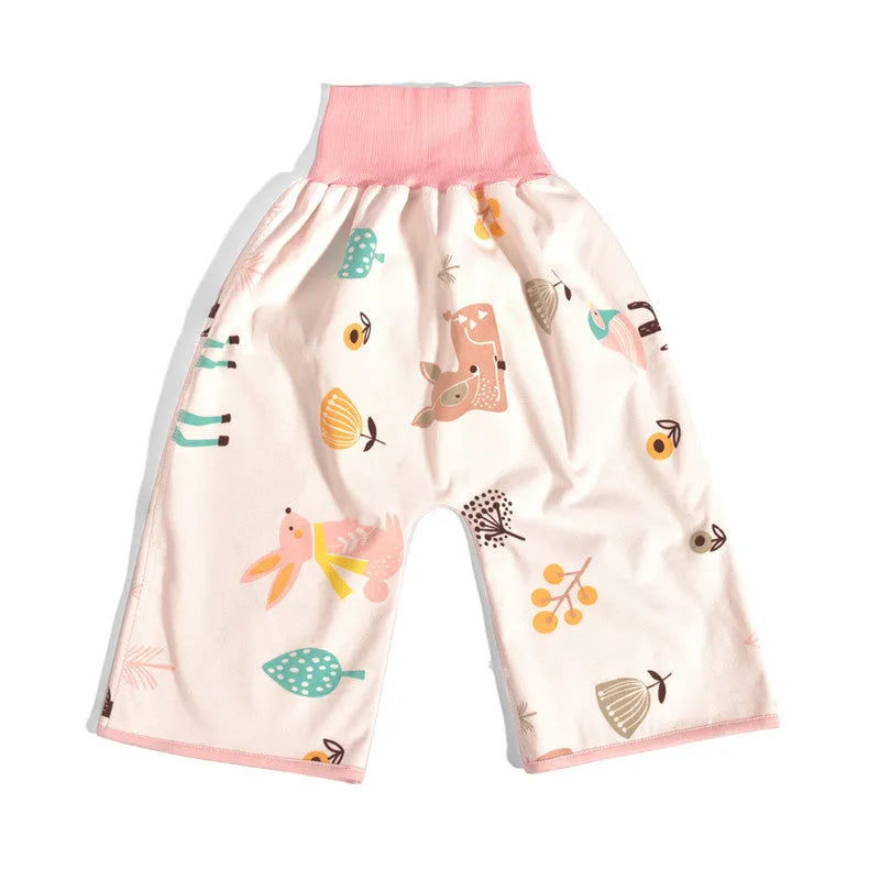 High waist baby diaper training pants in cotton bamboo fabric with cartoon print, showing wide elastic band.