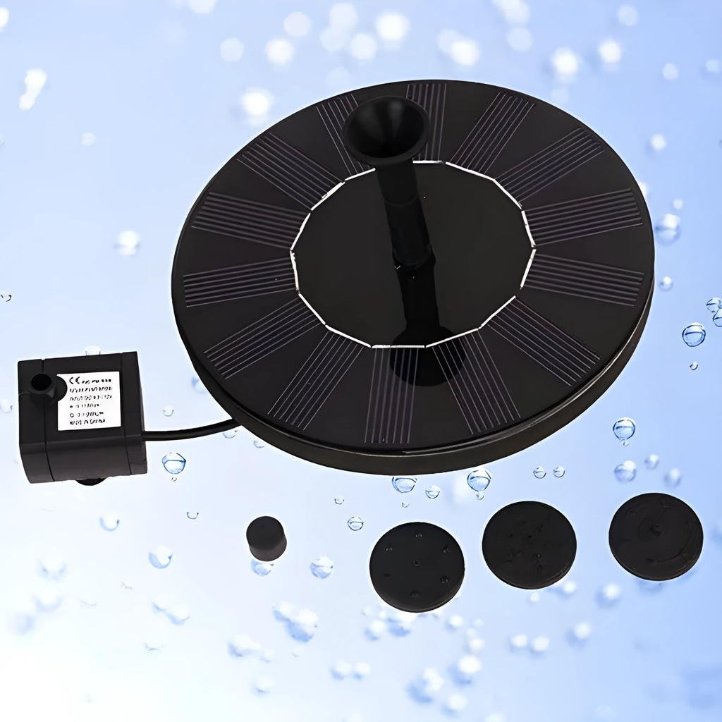 Round 16cm solar fountain pump for outdoor bird baths and garden ponds.
