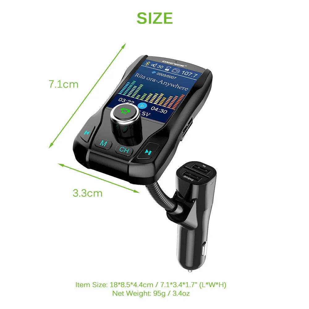 Car Bluetooth FM transmitter with colour screen showing FM frequency and dual USB charging ports