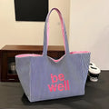 Large capacity double-sided striped canvas tote bag in striped blue, soft horizontal square shape