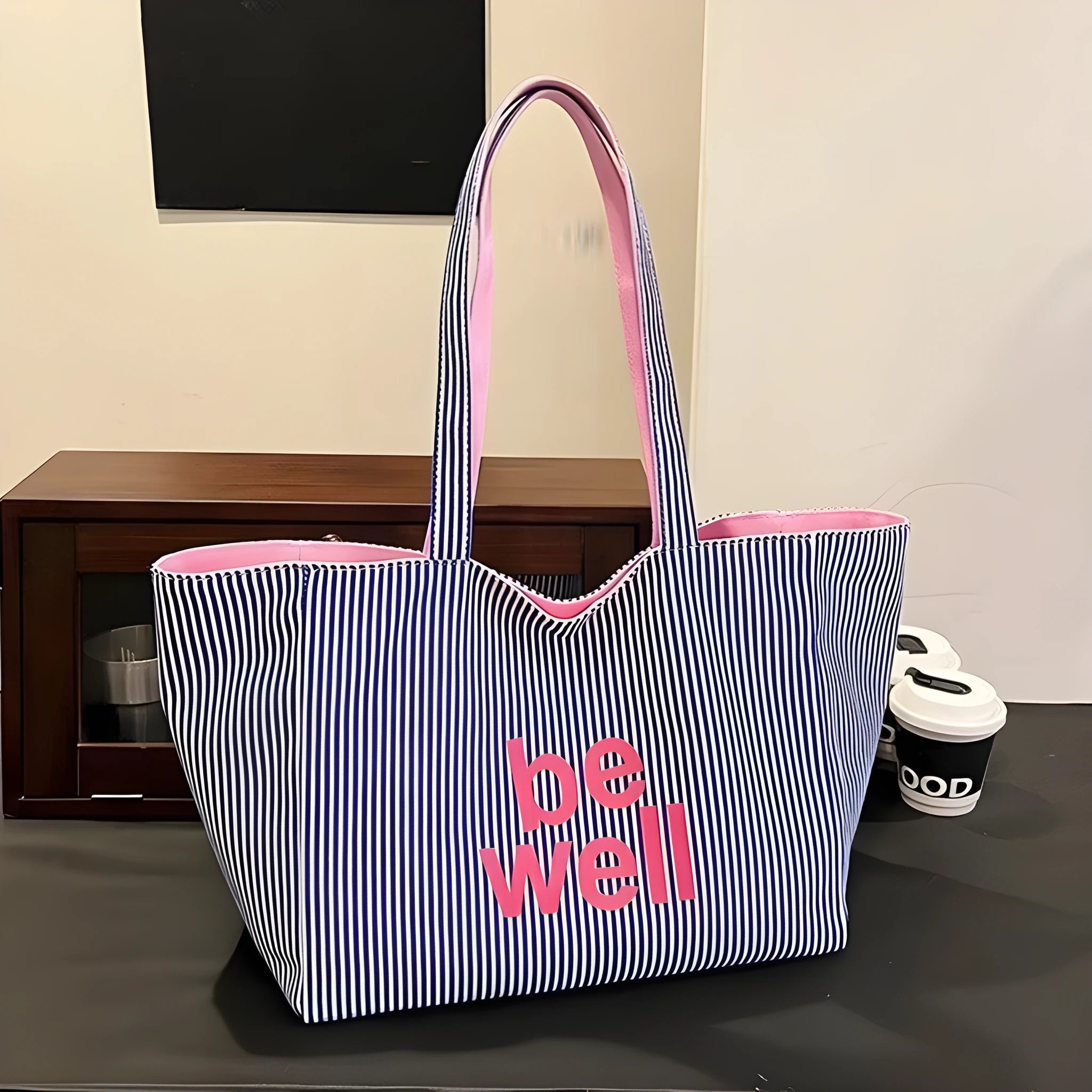 Large capacity double-sided striped canvas tote bag in striped blue, soft horizontal square shape