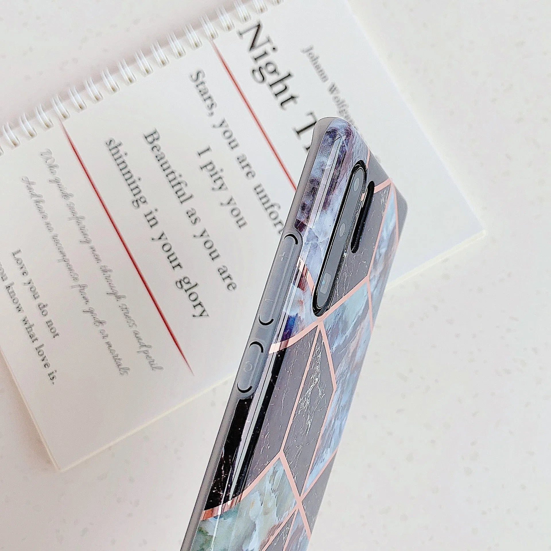 Electroplated marble finish TPU mobile phone case for Huawei and Samsung smartphones in various colours.