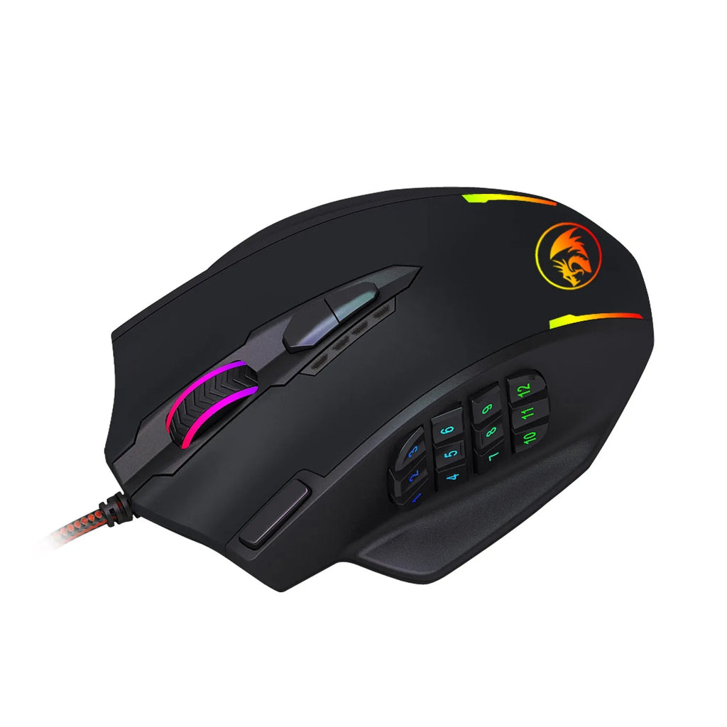 Redragon M908 One-Hander Macro Defines gaming mouse in black with ergonomic leather grip and side button cluster