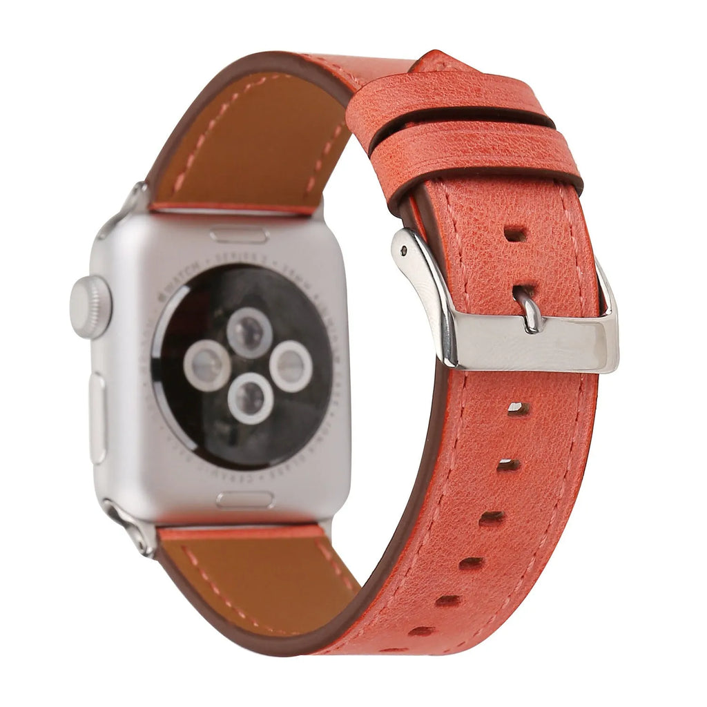 Genuine leather watch strap with a folding buckle, shown in one of six available colours.