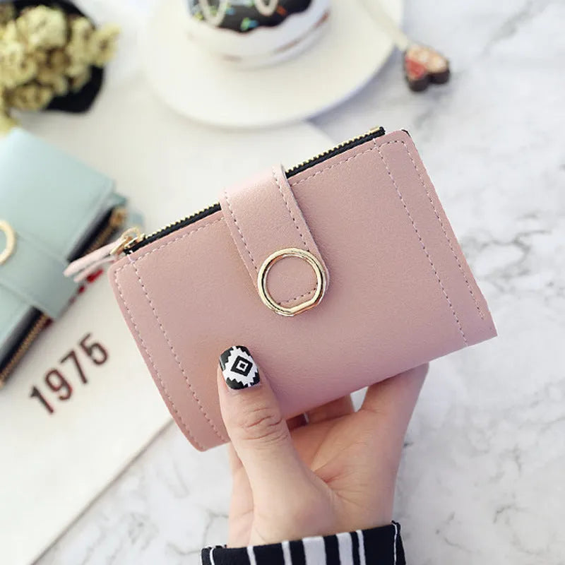Buckle ring women's wallet in PU leather, 12 x 9cm, shown in a choice of seven colours