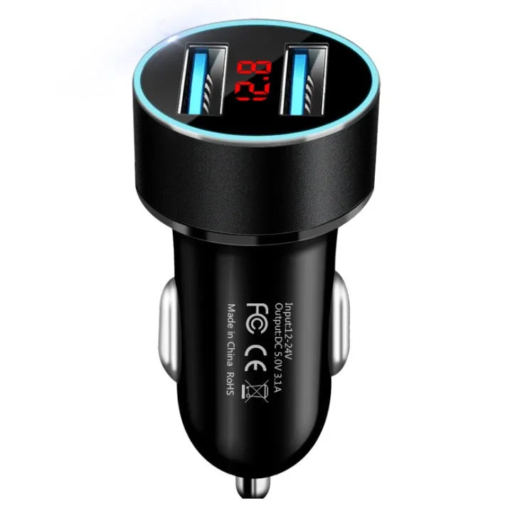 Dual USB car charger with voltage display and aluminium alloy ring in black