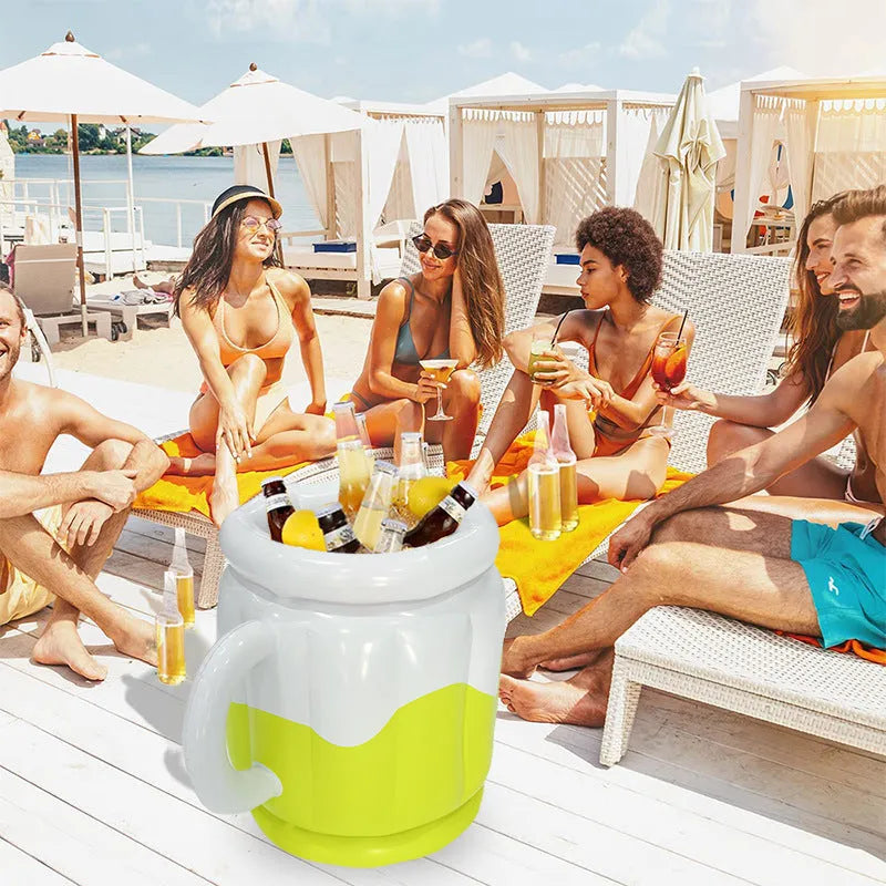 Bright yellow inflatable PVC ice bucket for outdoor beverage chilling