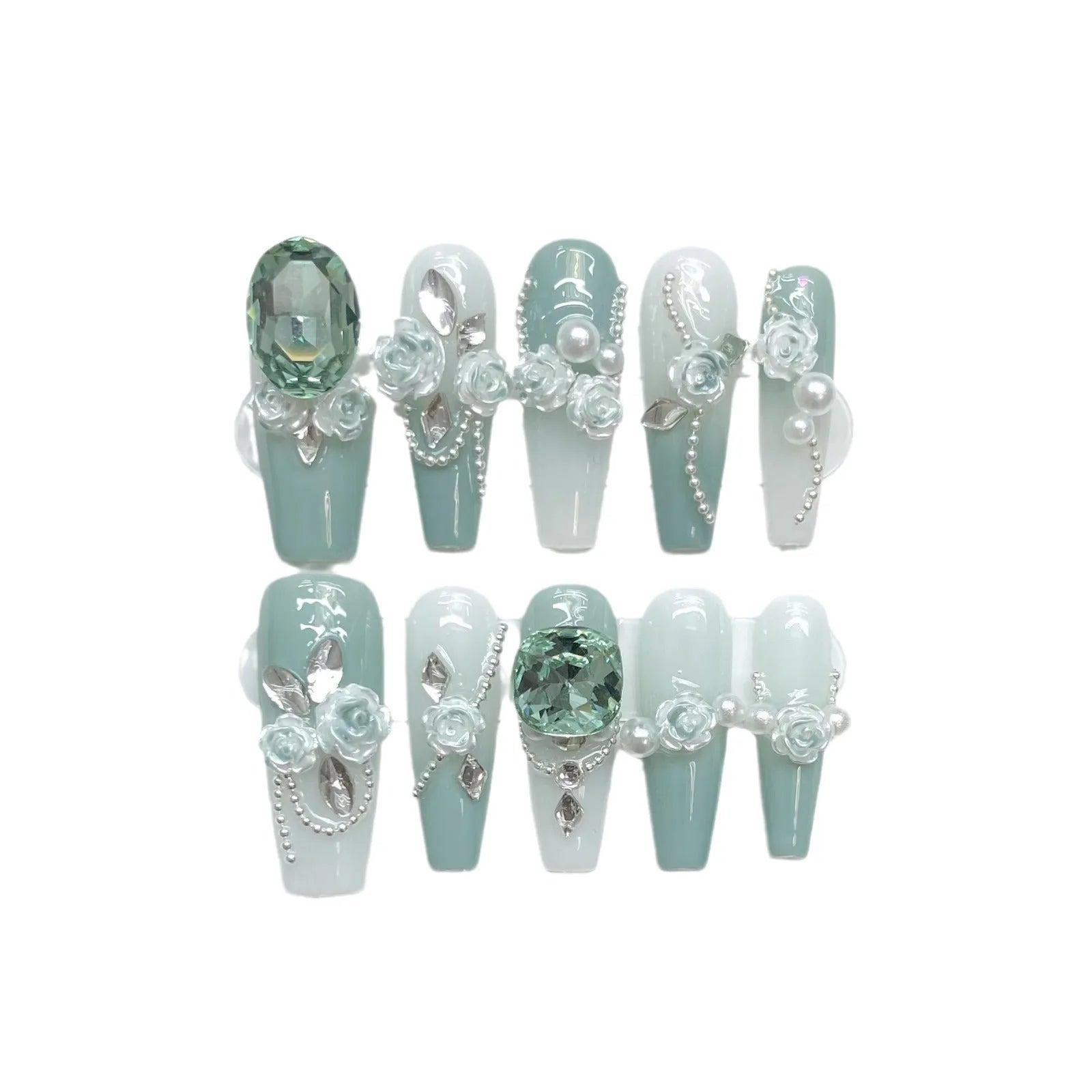Camellia gradient nail art armour with diamond chains and bow butterfly design in sizes XS S M L