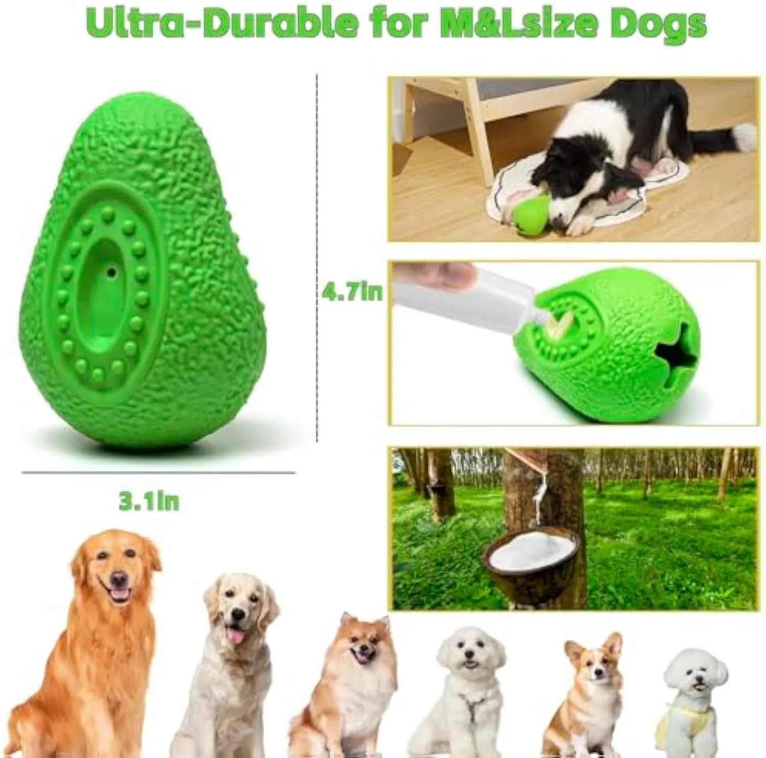 Green natural rubber dog chew toy with textured surface and food cavity for aggressive chewers