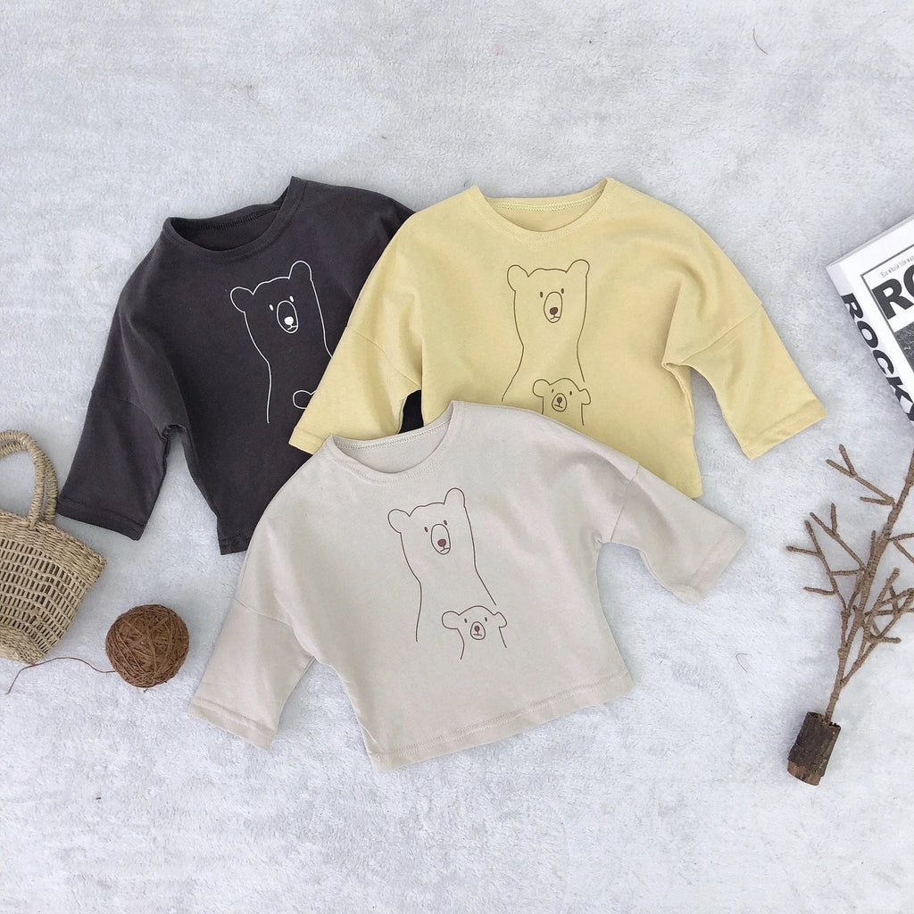 Bear print solid colour children's jacket in apricot, dark grey, or yellow, sizes 80cm to 120cm.