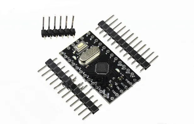 Mini Pro ATmega328P microcontroller circuit board with pin headers and compact 33.3x18.0mm dimensions