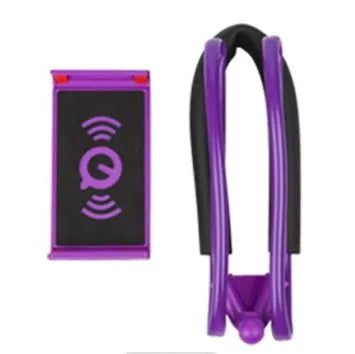 A white flexible neck strap phone holder with a 360-degree rotating clamp gripping a smartphone.