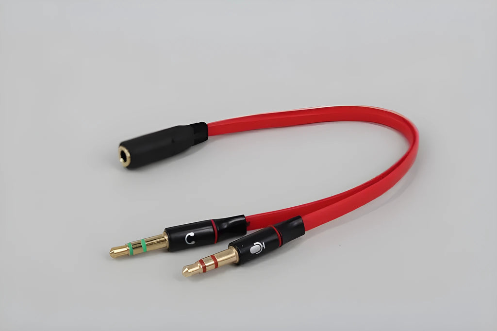 3.5mm audio converter cable connecting a double-line computer headset to a mobile phone, 19cm length, black colour