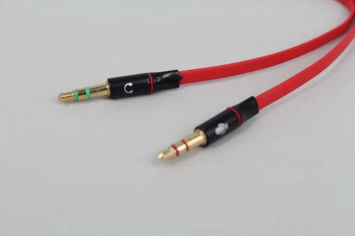 3.5mm audio converter cable connecting a double-line computer headset to a mobile phone, 19cm length, black colour
