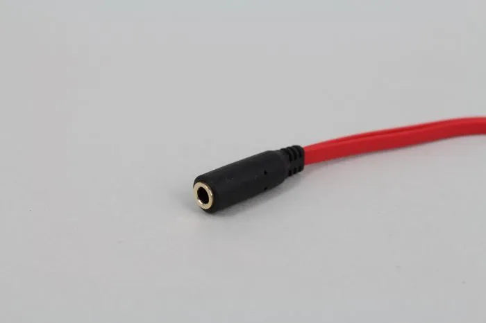 3.5mm audio converter cable connecting a double-line computer headset to a mobile phone, 19cm length, black colour