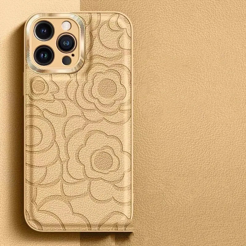 Camellia leather pattern iPhone case with soft edge and hard back in antique white