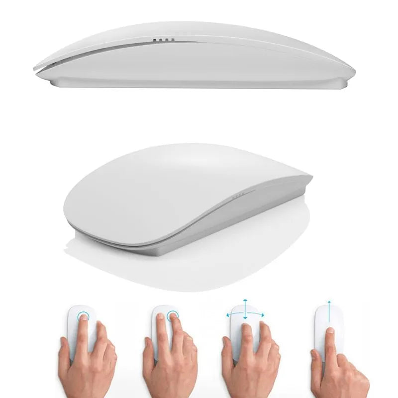 Ultra-thin touch wireless mouse in black on white background with USB receiver