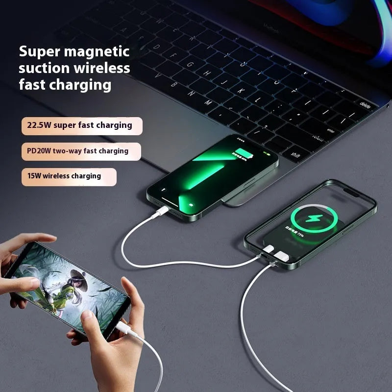 Ivory white magnetic wireless power bank 10000mAh with magnetic ring and storage cable laid flat