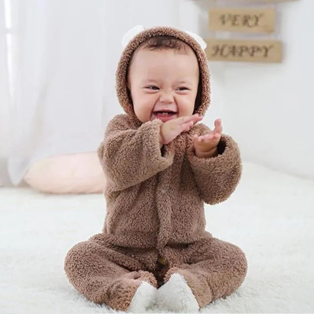 Unisex baby romper winter cotton blend pullover O-neck in brown for infant 0-12 months