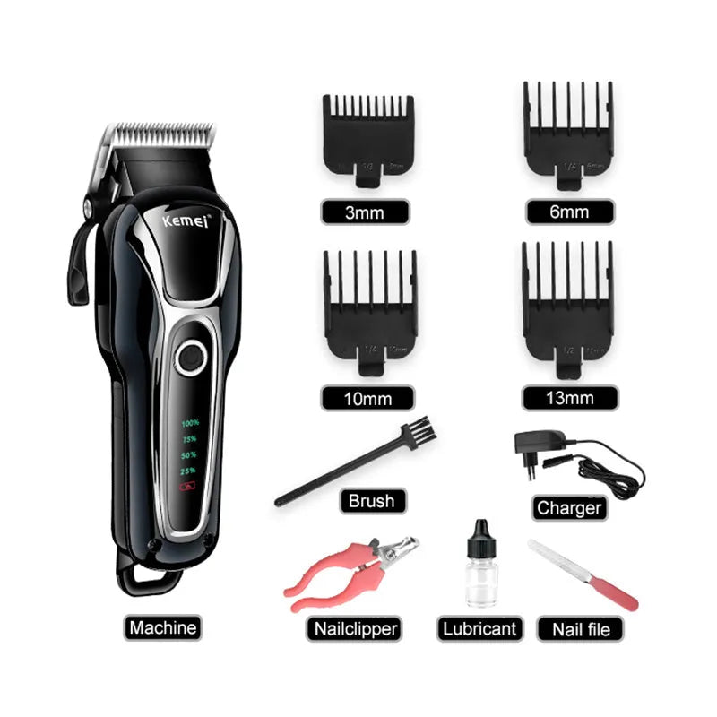 Black rechargeable pet fader clipper with patented blade on white background