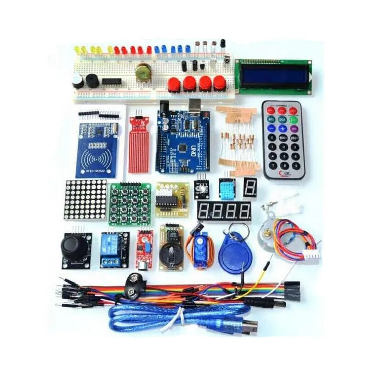 RFID upgraded Arduino starter kit with stepper motor, UNO board, breadboard, sensors, and LCD modules