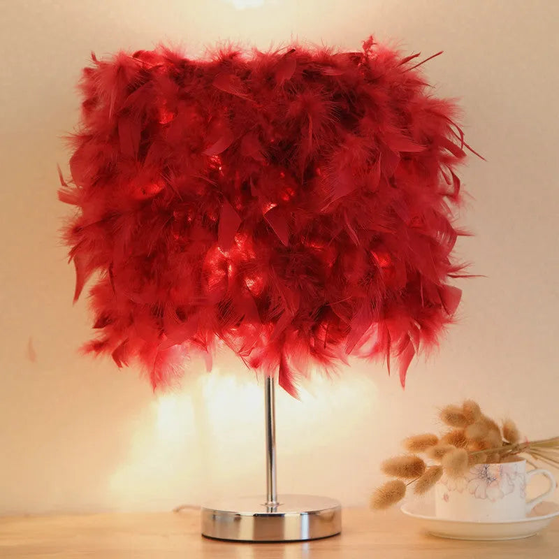 Feather bedside lamp with soft fur shade in pink, purple, red, white or wine red.