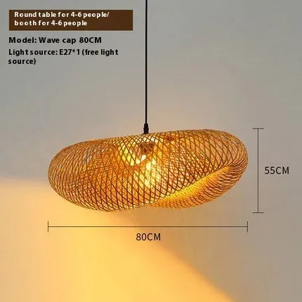 Natural woven bamboo straw hat-shaped pendant ceiling lamp with open weave, shown suspended.