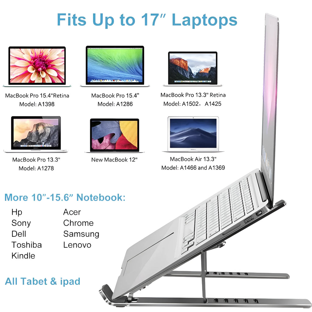 Silver aluminium laptop stand folded flat next to an open laptop, showing its six-angle adjustment hinge.