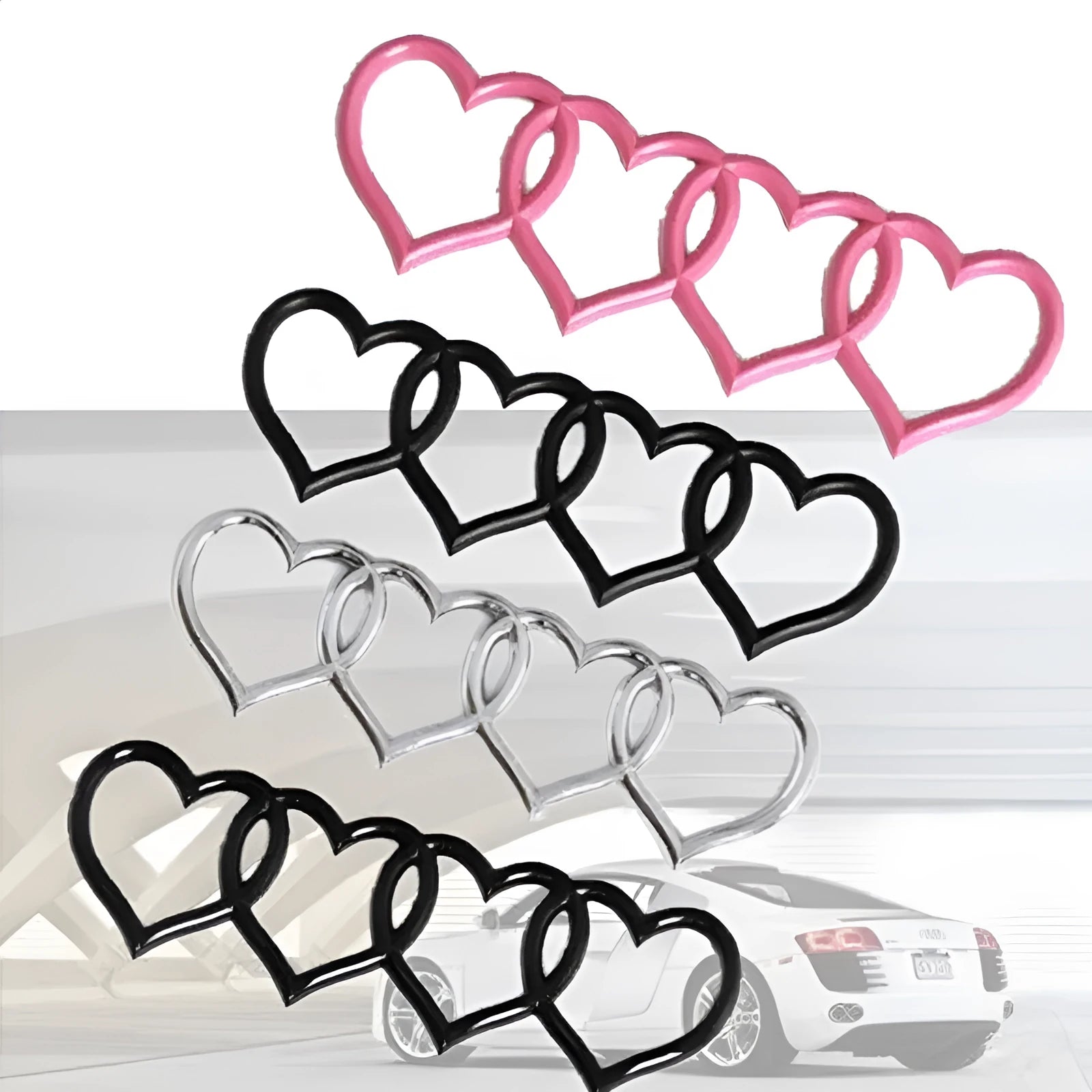 Love series modified heart-shaped body sticker with four ring tail in electroplated silver, 22 cm length