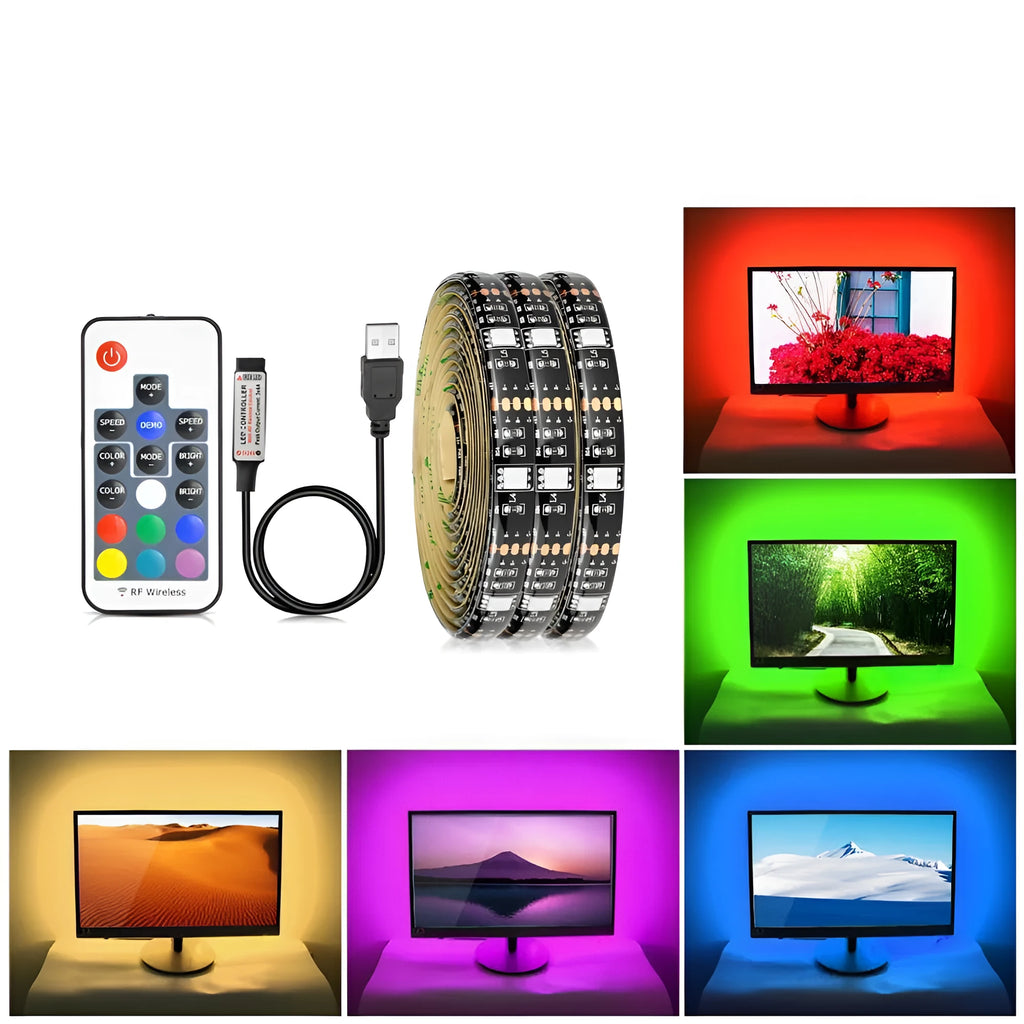 Flexible LED strip light bent into a curve, showing individual LEDs and adhesive backing, against a dark background.