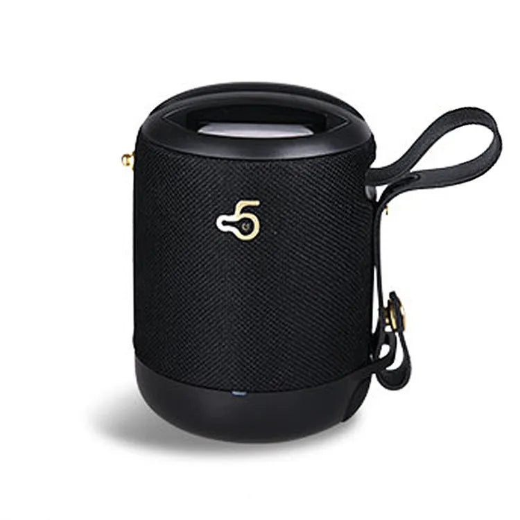 Compact black wireless Bluetooth speaker with carry strap showing its portable size