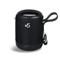 Compact black wireless Bluetooth speaker with carry strap showing its portable size
