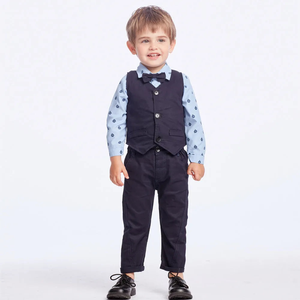 Young boy in blue cotton bow tie vest costume with shirt and pants for spring autumn