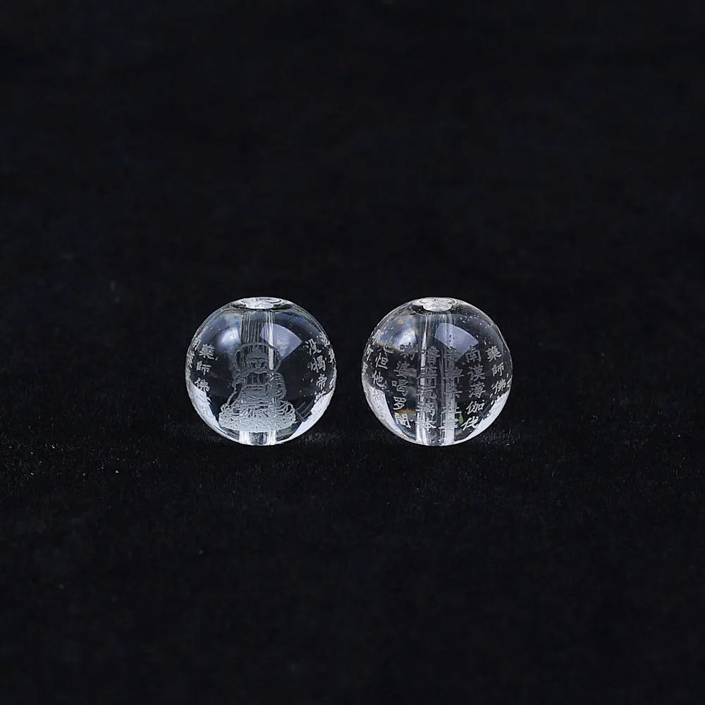 10mm glass prayer beads engraved with Heart Sutra text for Buddhist meditation