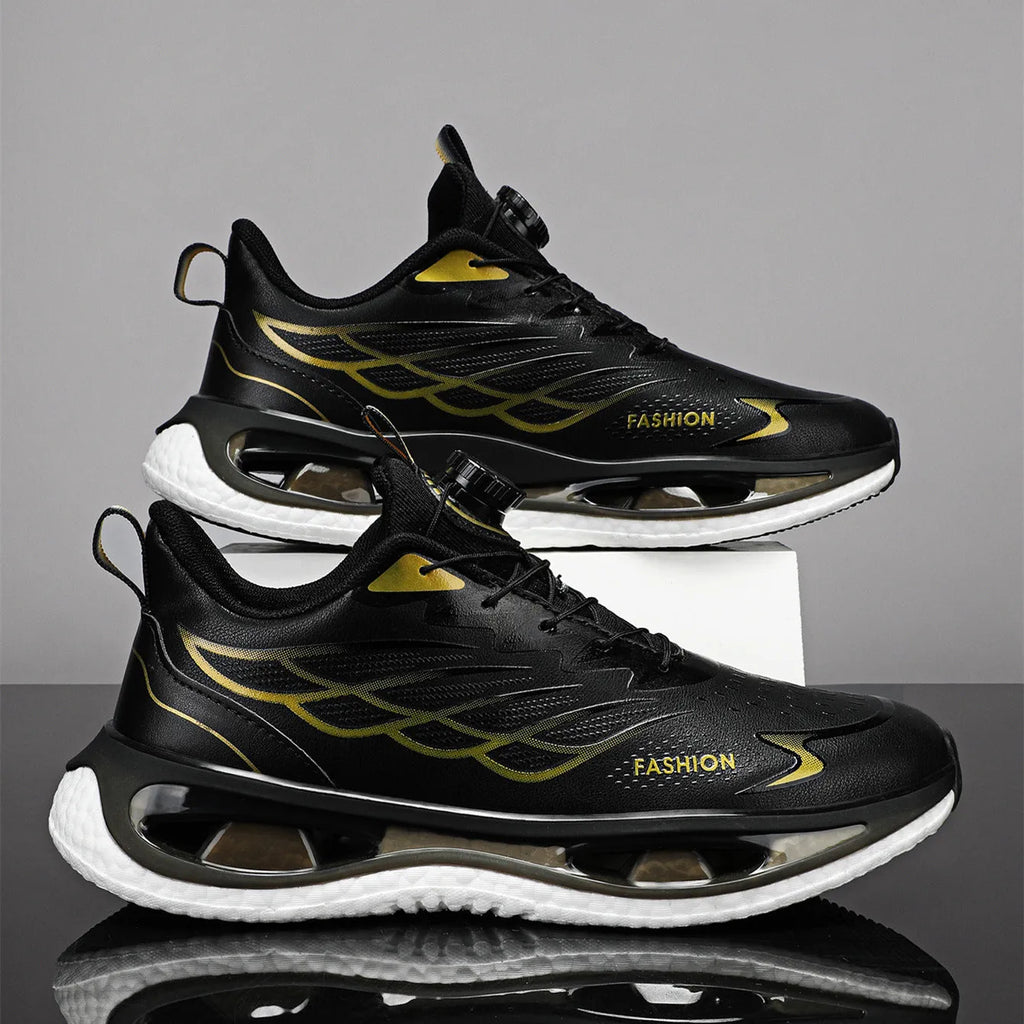 Men's low-top rotating button sneaker in black, light blue, or white and blue, with mesh or leather upper.