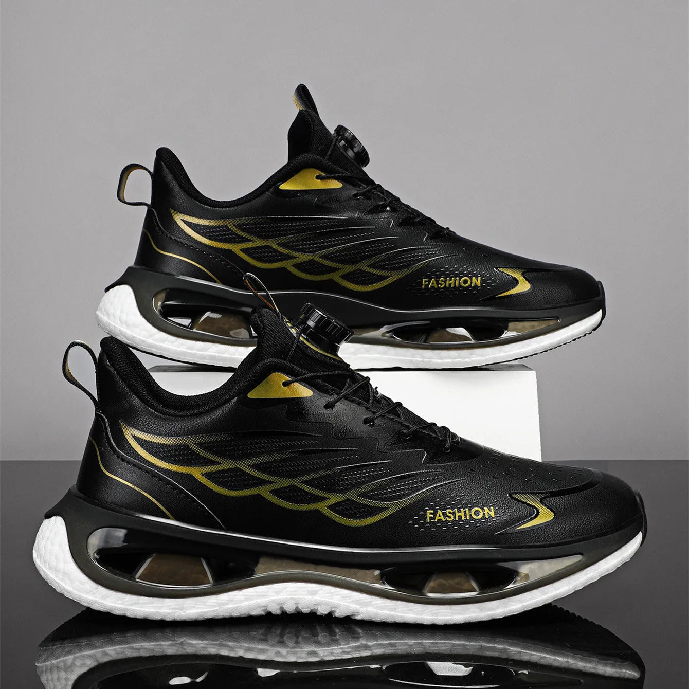 Men's low-top rotating button sneaker in black, light blue, or white and blue, with mesh or leather upper.