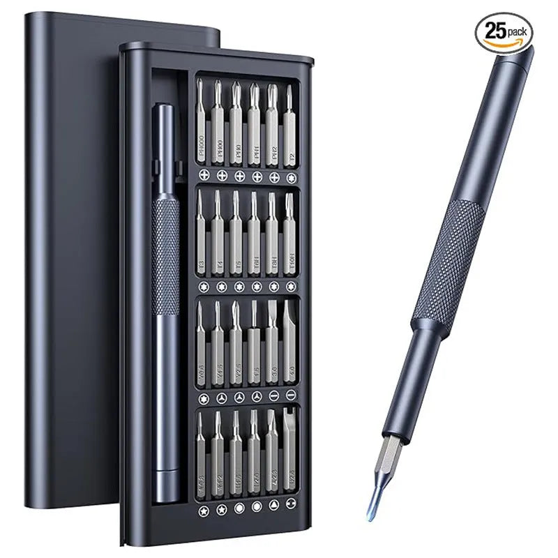 25-in-one precision screwdriver set with knurled black handle and magnetic tip.