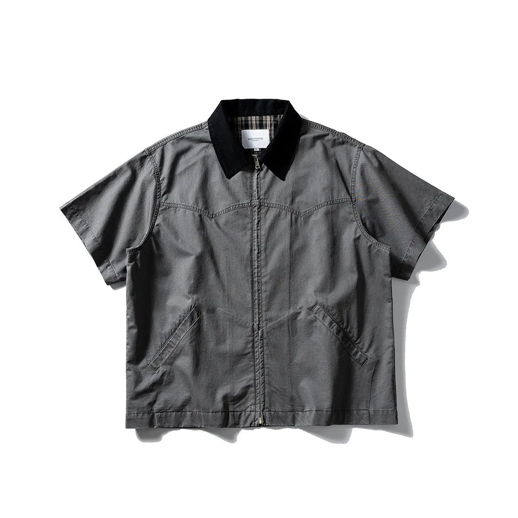 Short sleeve washed overalls shirt in loose cardigan style, shown in khaki colour.